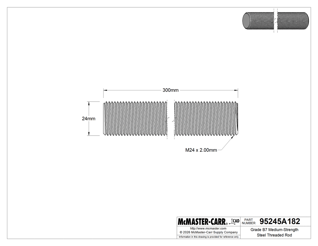 Technical Drawing of Grade B7 Medium-Strength Steel Threaded Rod, Fine-Thread, M24 x 2 mm Thread, 300 mm Long.